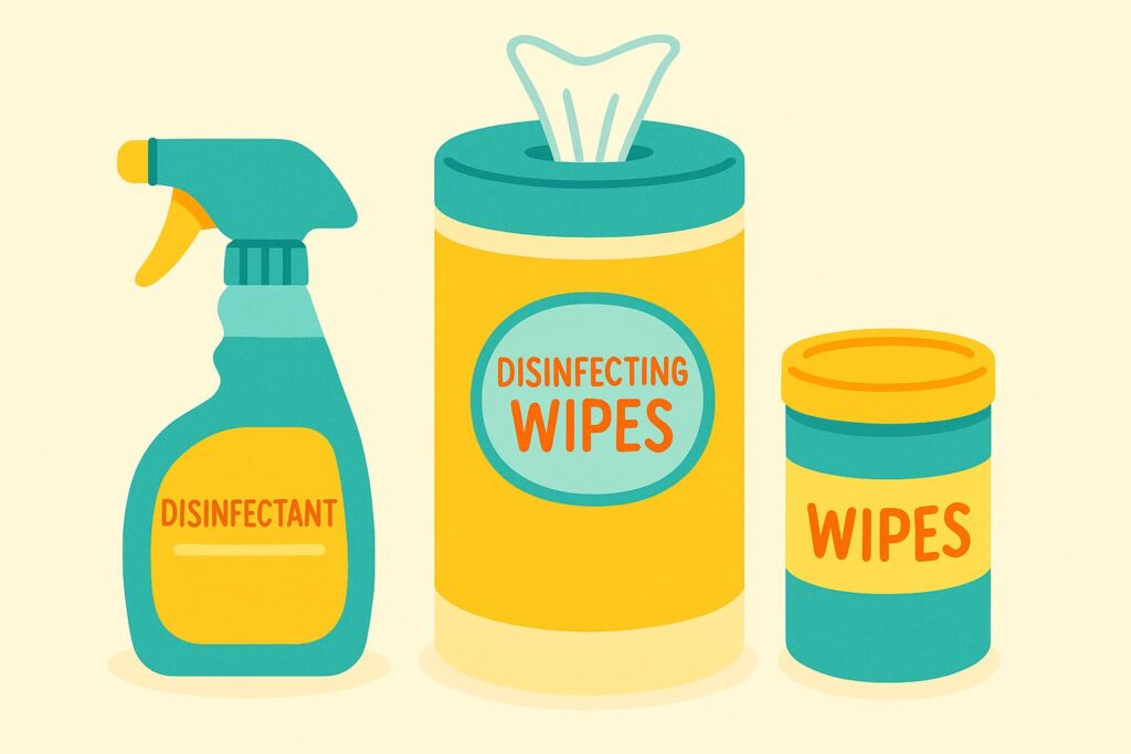 Cartoon-style illustration of the best classroom cleaning supplies for 3rd grade including a disinfectant spray bottle, a container of disinfecting wipes, and a smaller tub of general wipes, in bright yellow, teal, and orange colors.