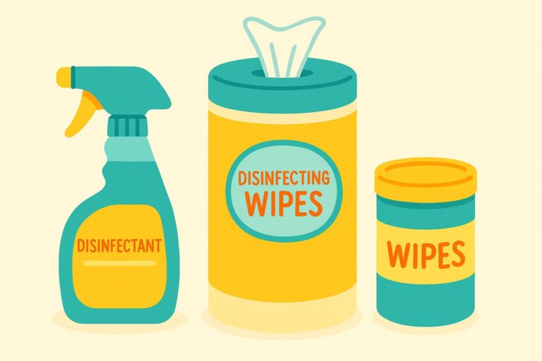 Cartoon-style illustration of the best classroom cleaning supplies for 3rd grade including a disinfectant spray bottle, a container of disinfecting wipes, and a smaller tub of general wipes, in bright yellow, teal, and orange colors.