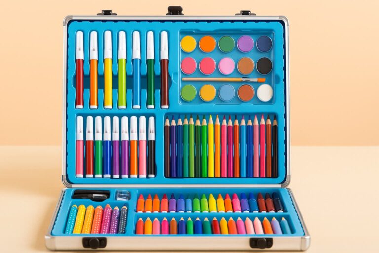 Open art supply case filled with colorful markers, crayons, paint pots, colored pencils, and drawing tools, all arranged neatly in a blue molded tray against a soft peach background.