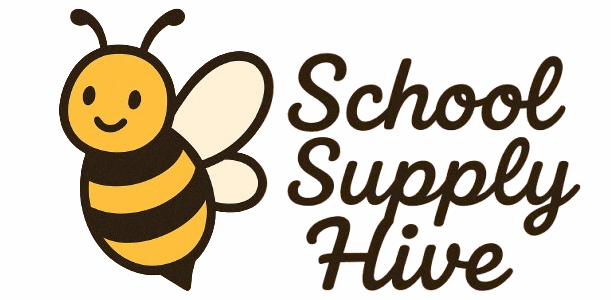 Cartoon bee with white wings and smiling face to the left of “School Supply Hive” written in hand-lettered font.