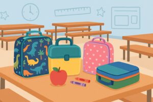 Elementary school cafeteria scene with colorful lunchboxes arranged on a table—featuring dino prints, hearts, and bright color blocks—set against rows of wooden benches and school-themed wall illustrations.