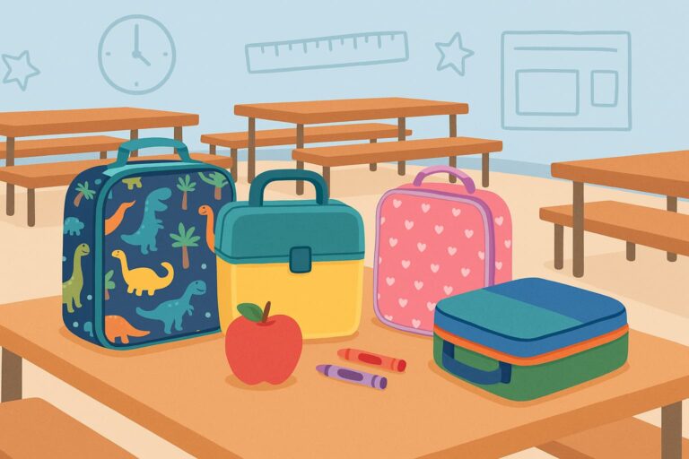 Elementary school cafeteria scene with colorful lunchboxes arranged on a table—featuring dino prints, hearts, and bright color blocks—set against rows of wooden benches and school-themed wall illustrations.