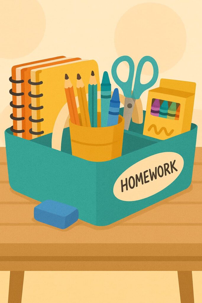 Tabletop homework caddy filled with notebooks, pencils, crayons, scissors, and an eraser, organized neatly on a wooden surface with soft background circles shows how to set up a homework station.