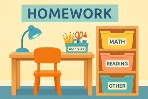 Bright and cheerful homework station with child-sized orange chair, wooden desk, teal lamp, and labeled bins for math, reading, and supplies in a clean, colorful layout.