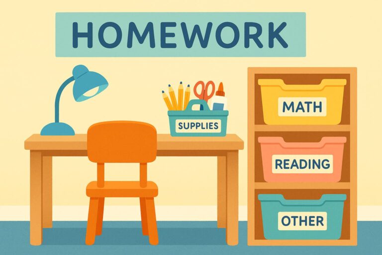 Bright and cheerful homework station with child-sized orange chair, wooden desk, teal lamp, and labeled bins for math, reading, and supplies in a clean, colorful layout.