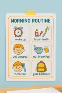 Illustrated morning routine chart for kids taped to a blue wall, showing steps like wake up, brush teeth, get dressed, eat breakfast, comb hair, and grab backpack in colorful icons.