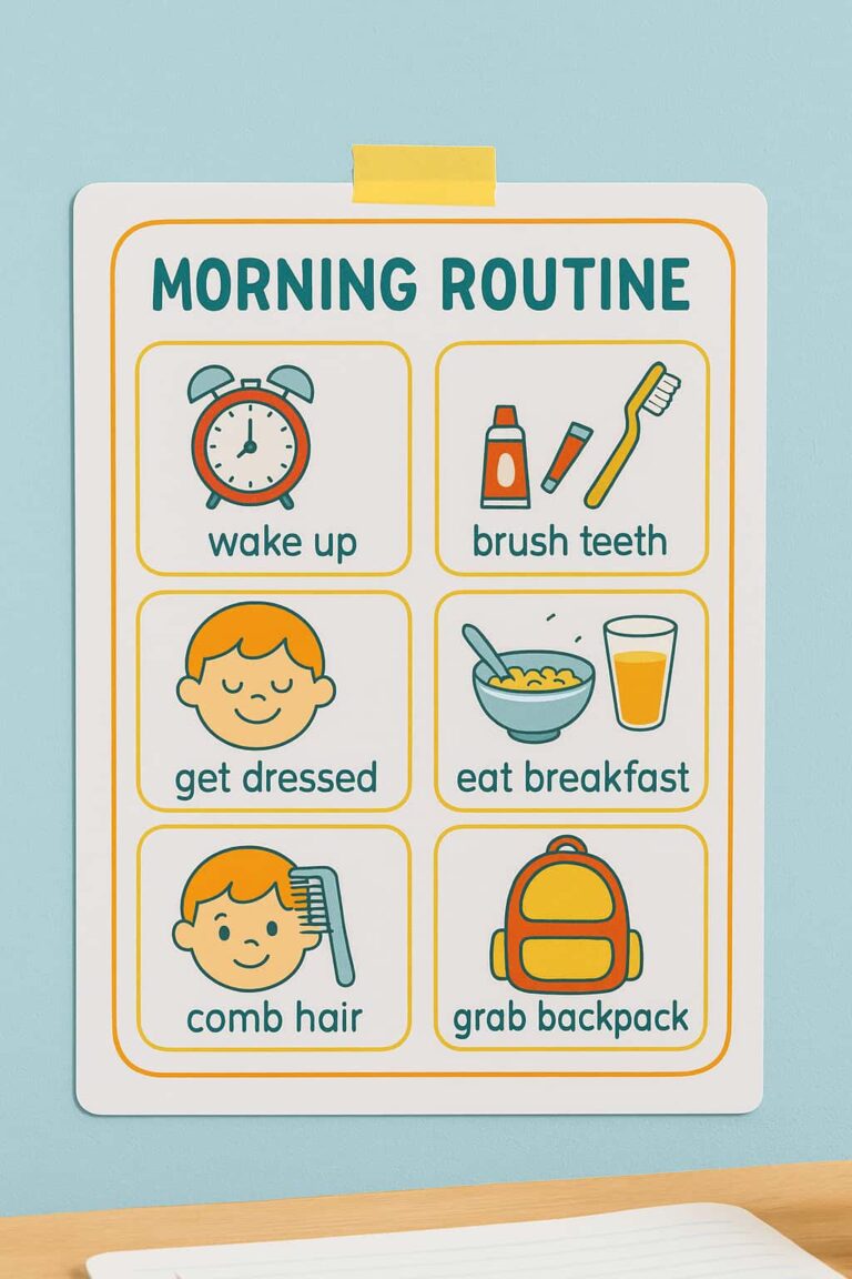 Illustrated morning routine chart for kids taped to a blue wall, showing steps like wake up, brush teeth, get dressed, eat breakfast, comb hair, and grab backpack in colorful icons.