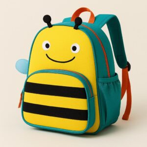 Kindergarten backpack with a smiling bee face, teal sides, and orange straps.