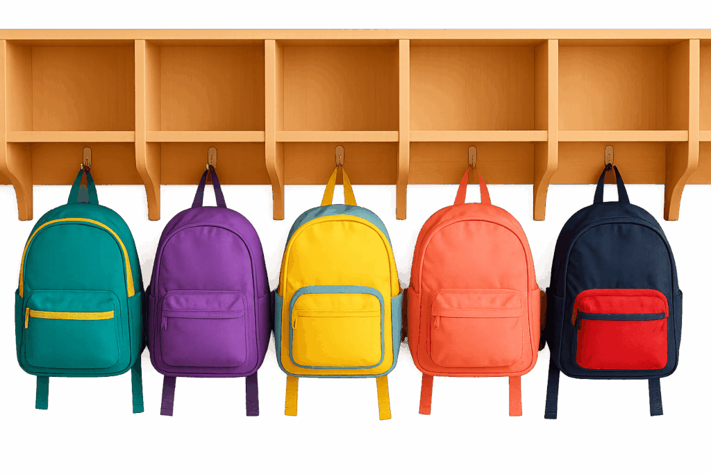The best kindergarten backpacks, Colorful, hanging in wooden elementary school classroom cubbies