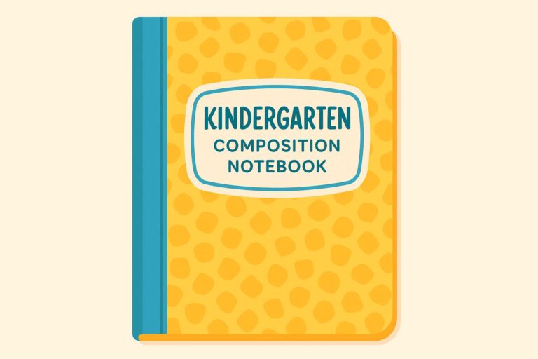 The best kindergarten notebook with a bright yellow cover and teal spine, featuring a playful honeycomb pattern and rounded edges on a soft cream background.