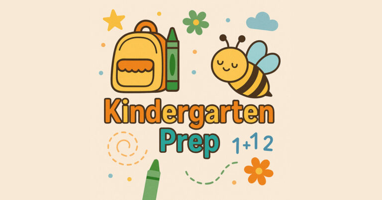 Bright and friendly "Kindergarten Prep" illustration with colorful backpack, crayon, and smiling bee, surrounded by stars, flowers, numbers, and school-themed doodles on a soft cream background. Perfect for early childhood education content.