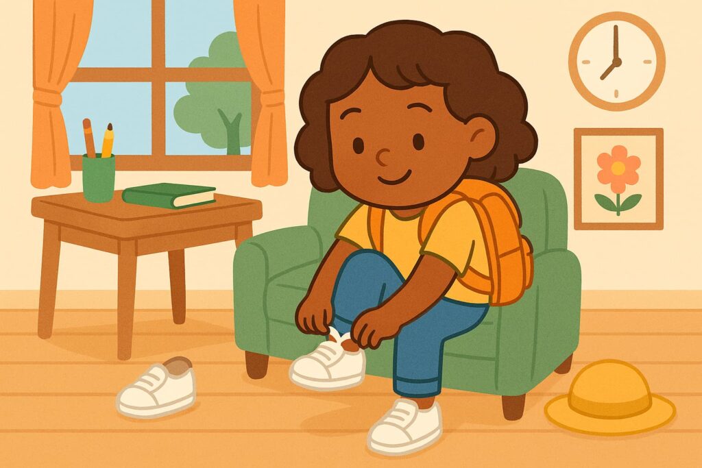 Cartoon of a young kindergartner puts on her shoes in how to prepare for kindergarten morning routine with a backpack sitting on a green couch, smiling while putting on white sneakers in a cozy home setting with books, pencils, and morning light.