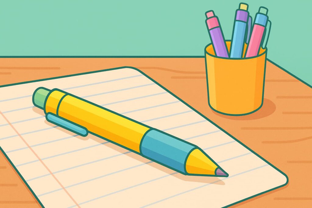 The best mechanical pencil for students shows a yellow mechanical pencil with a blue grip resting on lined paper atop a wooden desk, with a cup of colorful mechanical pencils in the background and a teal classroom wall.