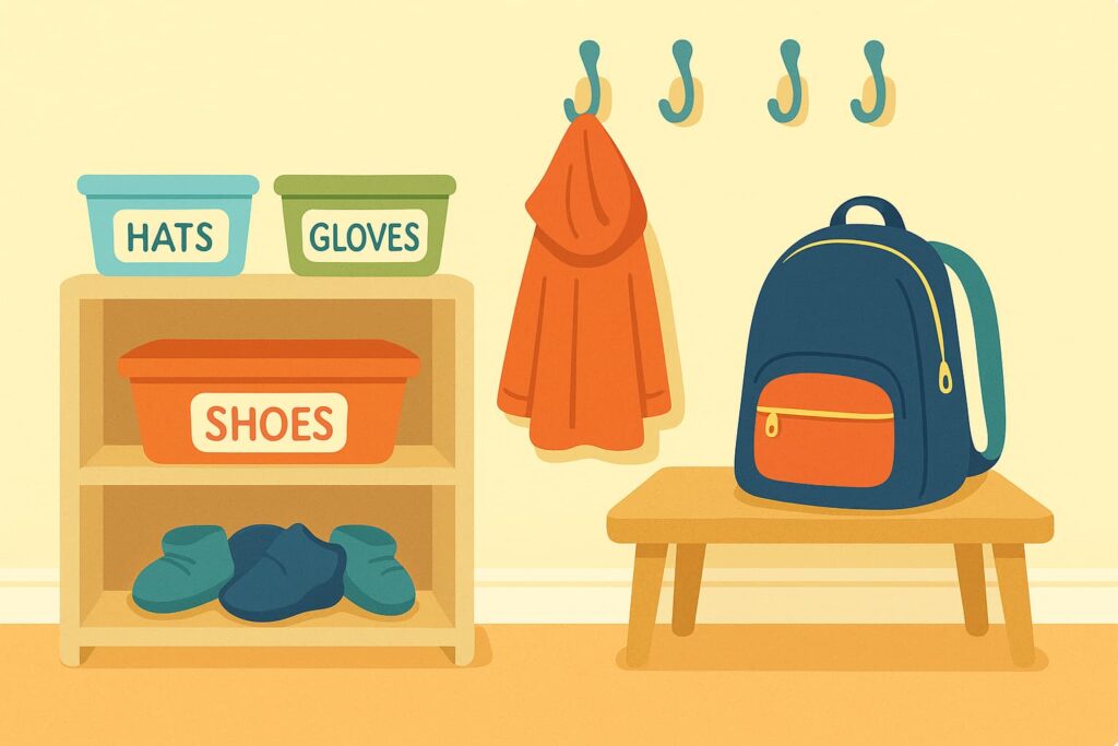 Colorful illustration of a tidy mudroom corner with labeled bins for hats, gloves, and shoes, hooks holding a red-orange jacket, and a navy blue backpack resting on a wooden bench.