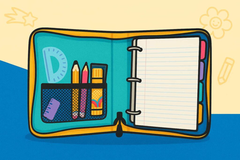 The best best binders for 5th grade are open zippered binder in bright School Supply Hive colors showing neatly arranged pencils, ruler, glue stick, and notebooks, with colorful dividers and lined paper on a clean school-themed background.