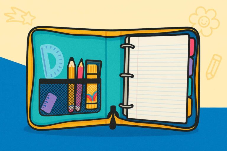Open zippered binder in bright School Supply Hive colors showing neatly arranged pencils, ruler, glue stick, and notebooks, with colorful dividers and lined paper on a clean school-themed background.