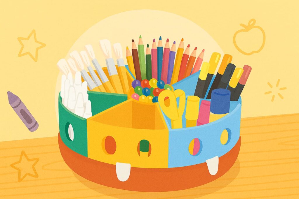 Cartoon-style rotating school supply organizer on a wooden desk, filled with pencils, scissors, paintbrushes, glue sticks, and crayons, in bright School Supply Hive colors with playful background doodles. It perfectly shows the best desk organizers for 4th grade.